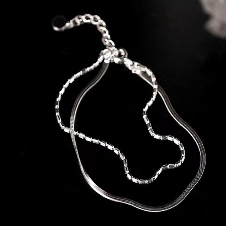 925 Silver-Plated Flat Snake Chain Double-Layer Bracelet For Women
